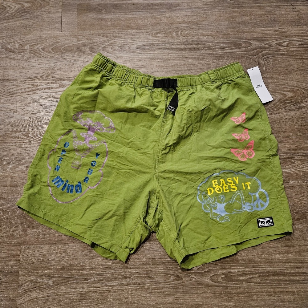 OBEY Easy Does It Volley Shorts Mens XL Green Graphic Nylon NWT